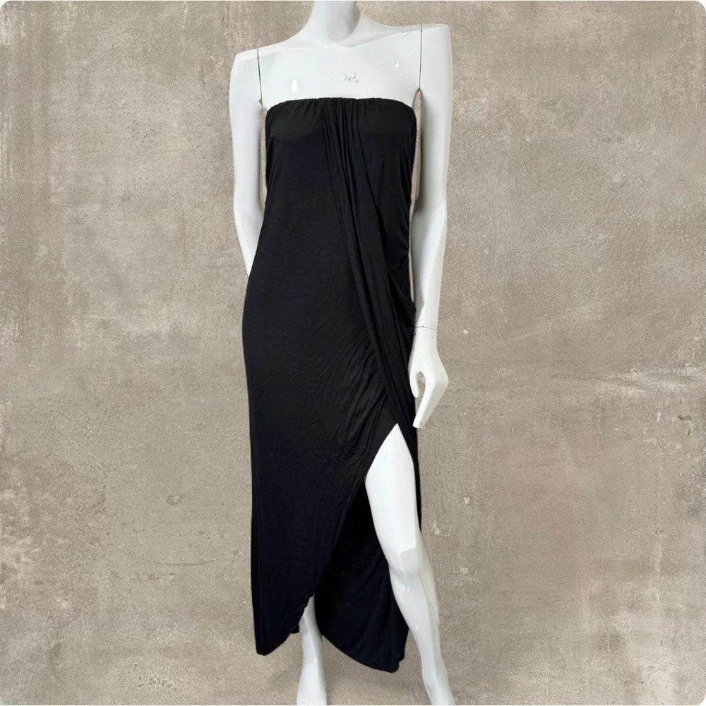 Avant Garde Black Strapless Draped Maxi Dress Asymmetrical Slit‎ Made in USA XXL